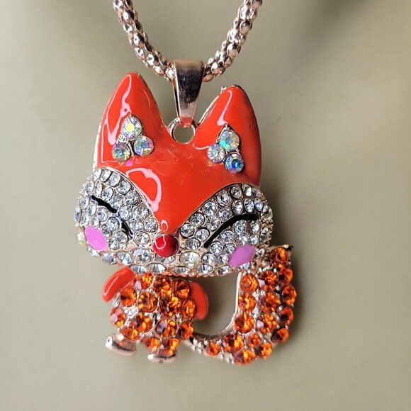 Fox Pendant Necklace Orange Animal Pendant Long Necklace Orange Crystal Pendants - Picture 2 of 12